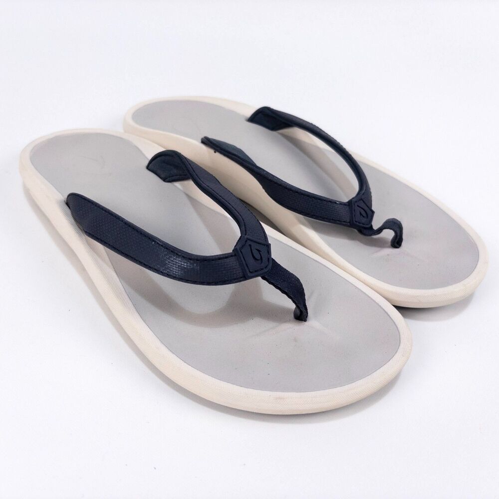 OluKai Pi'oe Flip Flops Womens Size 8W Trench Blue Mist Grey Comfort Sandals